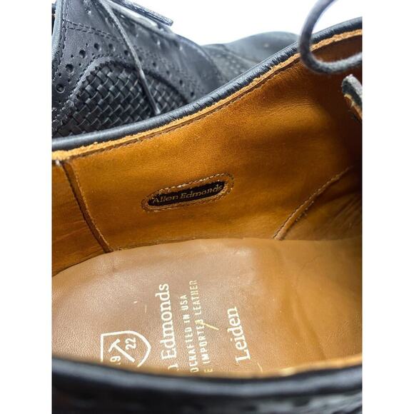 Allen Edmonds Boca Raton Black Woven Leather Dress Shoes Mens 11 Wingtip Derby - Picture 14 of 14
